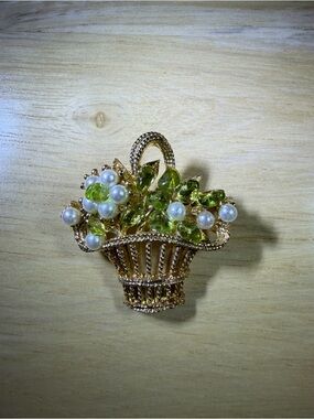 Vintage Gold Basket Brooch with Green Stones and Faux Pearls